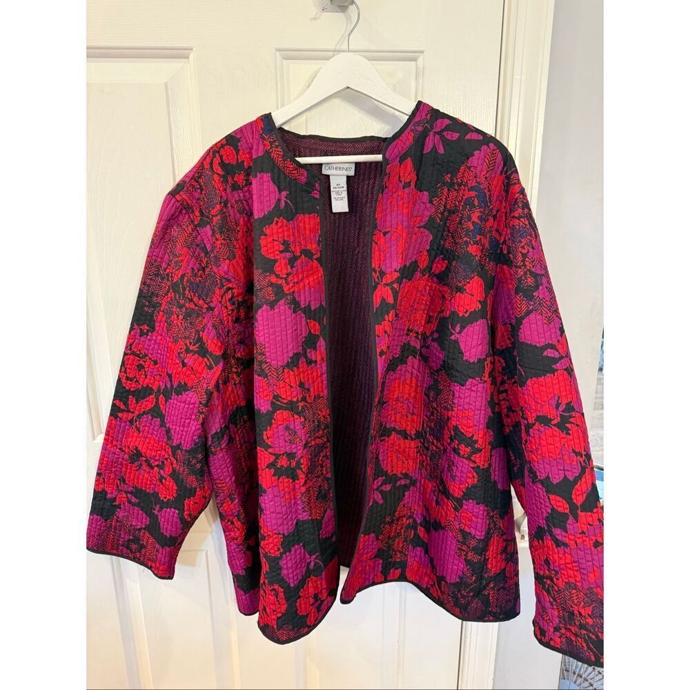 Catherine’s Red Purple Black Quilted Open Front Jacket sz 4X EUC